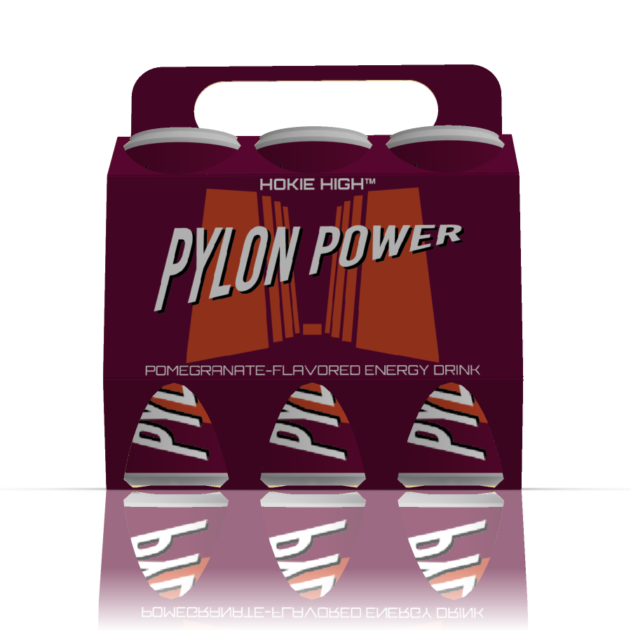 The front of a six-pack featuring the Virginia Tech Pylons behind the words 'Pylon Power.'